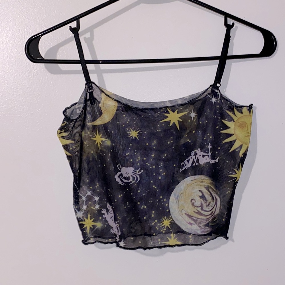 Black Sheer Mesh Sun/Moon/Stars Crop Top Cami (M)
